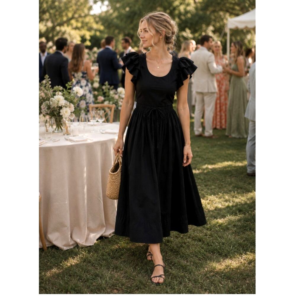 Ulla Johnson 2 Louise Midi Dress Cotton Puff Sleeve $450 Drawstring Waist NWT